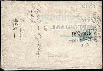 1853, 1 baj verde grigiastro, frazionato verticalmente, annullato a Bologna