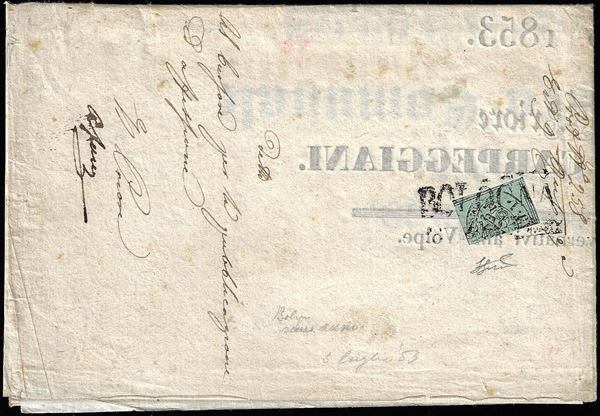 1853 - 1 baj verde grigiastro, frazionato verticalmente (2), in uso isolato su manifesto, annullato a Bologna 2/7/1853. Bellissimo e non comune uso per la tariffa di 1/2 baj. Cert. Ferrario.