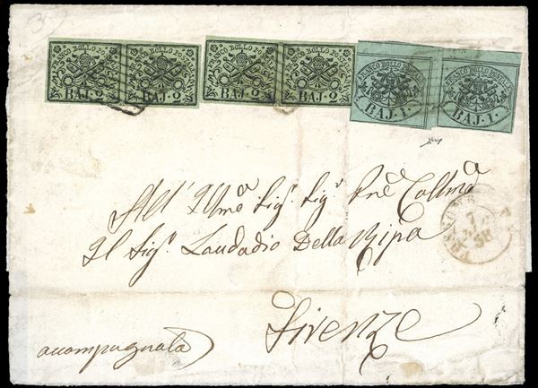 1858 - 1 baj verde grigiastro, due esemplari uno con interspazio verticale, l'altro orizzontale, 2 baj verde oliva (2,3), due coppie, su lettera da Fossombrone 7/12/1858 a Firenze. Tutti i francobolli hanno ottimi margini, lieve piega verticale su un esemplare della seconda coppia. Appariscente e non comune affrancatura multipla. Chiavarello. Ex coll. Imperato.