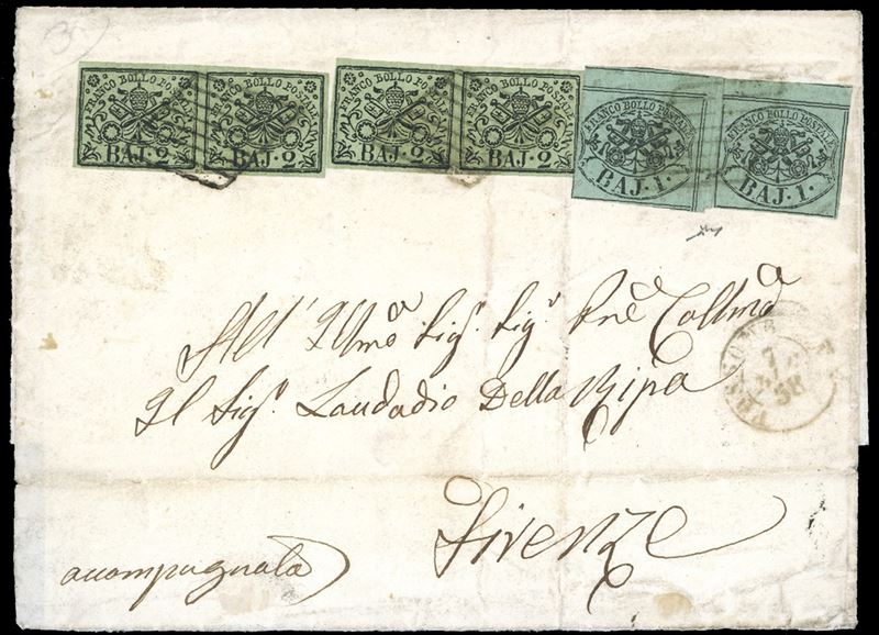 1858 - 1 baj verde grigiastro, due esemplari uno con interspazio verticale, l'altro orizzontale, 2 baj verde oliva (2,3), due coppie, su lettera da Fossombrone 7/12/1858 a Firenze. Tutti i francobolli hanno ottimi margini, lieve piega verticale su un esemplare della seconda coppia. Appariscente e non comune affrancatura multipla. Chiavarello. Ex coll. Imperato.  - Auction Philately - Cambi Casa d'Aste