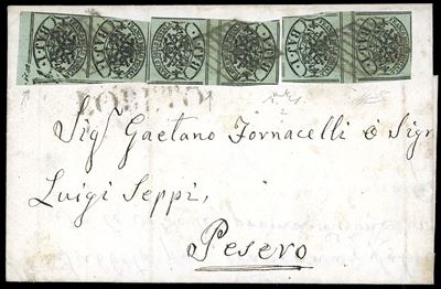1859, 1 baj verde grigiastro su lettera con affrancatura rara