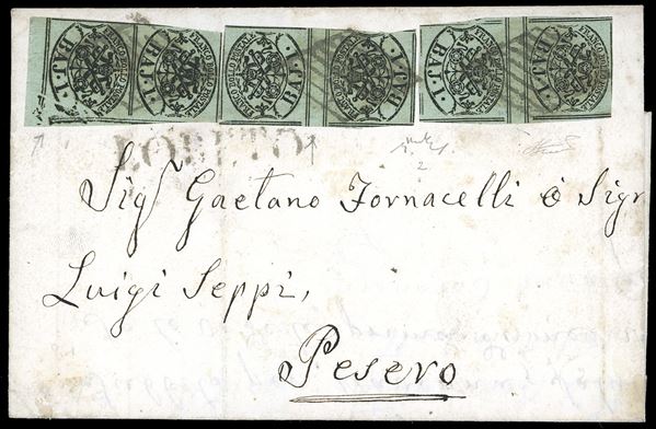 1859 - 1 baj verde grigiastro (2), tre coppie verticali, due con interspazio di gruppo al centro, una con due evidenti pli d'accordeon su un esemplare, ottimo stato, su lettera scritta a Recanati 15/8/1859, diretta a Pesaro, bollo lineare di Loreto sul fronte. Rara affrancatura. Chiavarello, Ferrario. Ex coll. Imperato.
