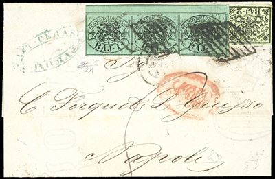 1859, 1 baj verde scuro e 2 baj verde oliva su lettera da Roma a Napoli
