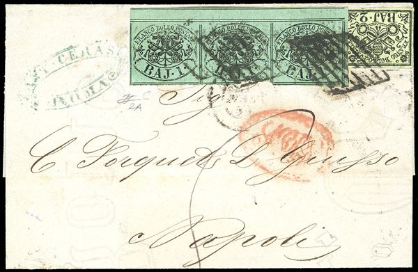 1859 - 1 baj verde scuro, I composizione, striscia orizzontale di tre con interspazio di gruppo in alto, 2 baj verde oliva (2A,3), perfetti, su lettera da Roma 2/5/1859 a Napoli, tassata 5 grana. Ferrario.