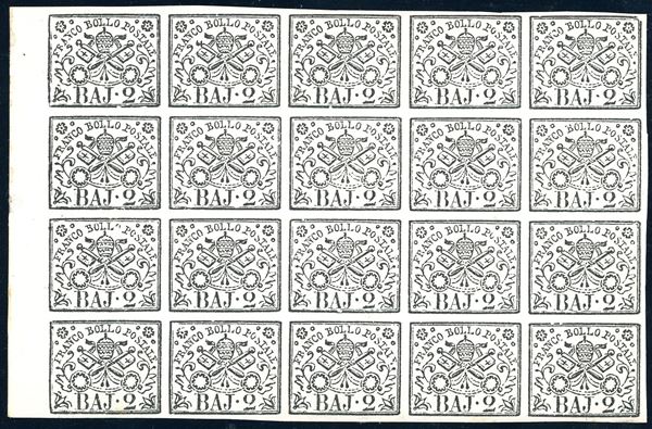 1867 - 2 baj bianco (3A), blocco di 20 esemplari, bordo di foglio, gomma originale integra, perfetto e molto fresco. Sorani, Ferrario.
