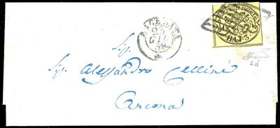 Ferrario, 3 baj giallo paglia (4d), isolato su lettera da Macerata ad Ancona, 1858