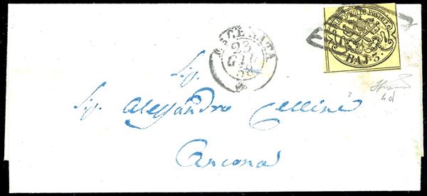 1858 - 3 baj giallo paglia (4d), perfetto, isolato su lettera da Macerata 23/6/1858 ad Ancona. Ferrario.