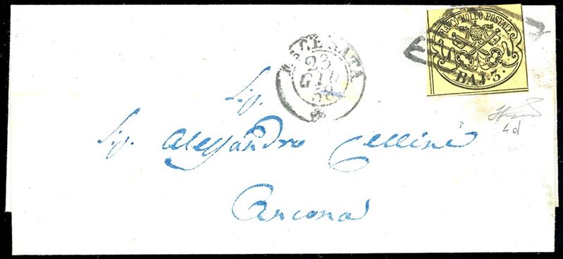 1858 - 3 baj giallo paglia (4d), perfetto, isolato su lettera da Macerata 23/6/1858 ad Ancona. Ferrario.  - Asta Filatelia - Cambi Casa d'Aste