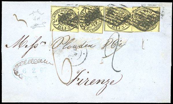 1867 - 3 baj giallo cromo (4A), quattro esemplari, perfetti, su lettera da Roma 6/2/1867 a Firenze, segno di tassa "2" cassato e corretto in "6", per la tariffa di terzo porto. Multiplo estremamente raro di queste tonalità. Chiavarello, cert. Ferrario. Ex coll. Imperato.