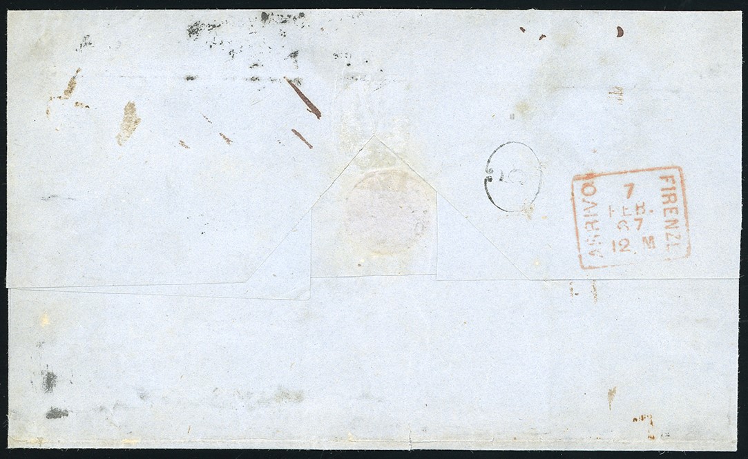 1867, 3 baj giallo cromo (4A), quattro esemplari su lettera da Roma a Firenze