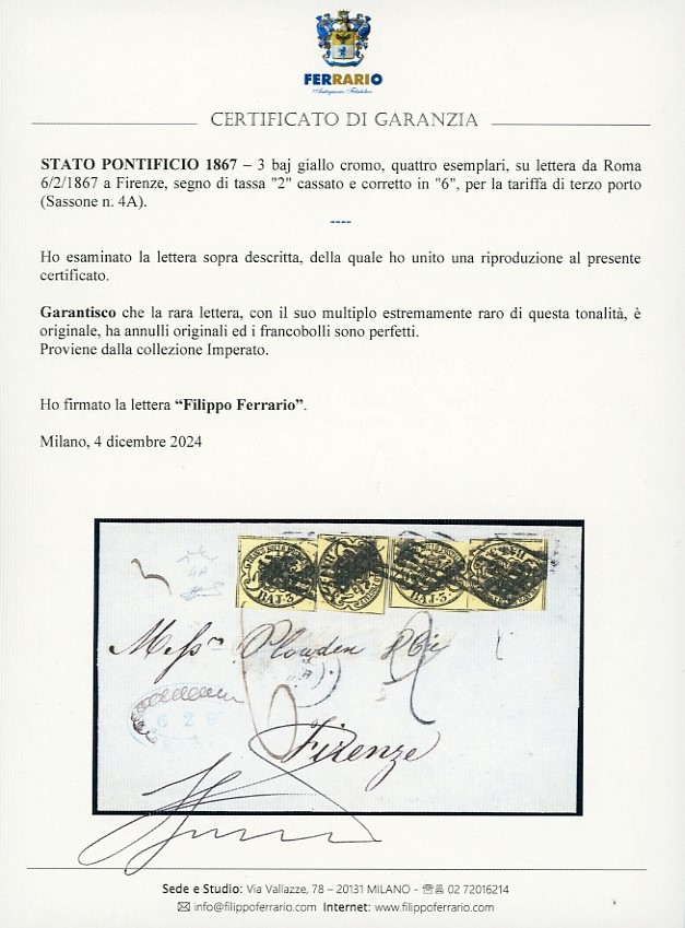 1867, 3 baj giallo cromo (4A), quattro esemplari su lettera da Roma a Firenze
