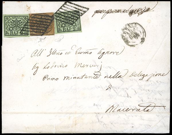 1856 - 3 baj bruno, già usato e riutilizzato in frode postale, 2 baj verde oliva, due esemplari, uno perfetto, l'altro con lieve piega verticale, in affrancatura "a bandiera" su lettera datata internamente Ascoli 13/10/1856, con datario di Macerata sul fronte e diretta a Macerata. Molto interessante, Chiavarello.