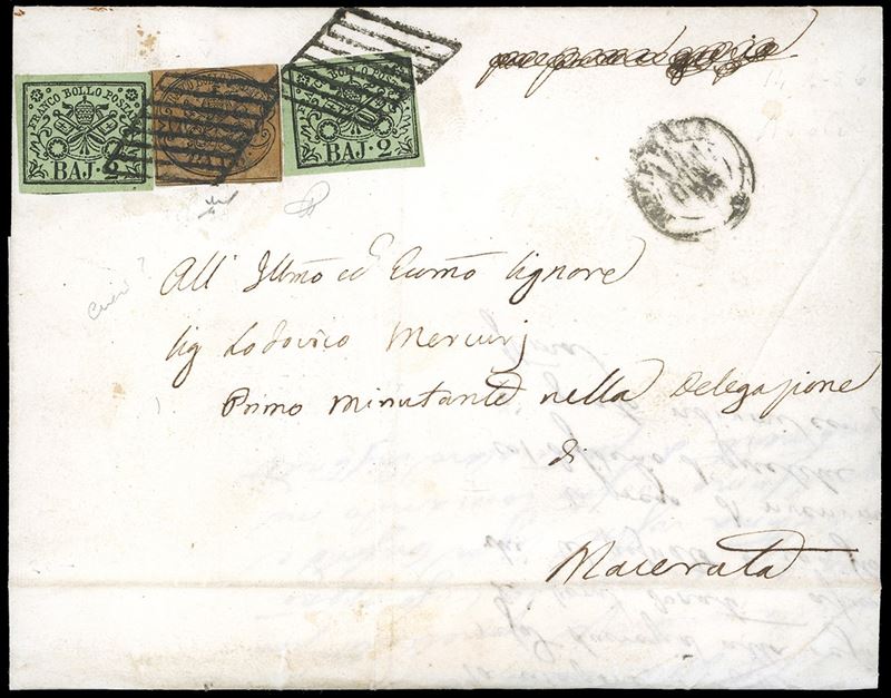 1856 - 3 baj bruno, già usato e riutilizzato in frode postale, 2 baj verde oliva, due esemplari, uno perfetto, l'altro con lieve piega verticale, in affrancatura "a bandiera" su lettera datata internamente Ascoli 13/10/1856, con datario di Macerata sul fronte e diretta a Macerata. Molto interessante, Chiavarello.  - Asta Filatelia - Cambi Casa d'Aste