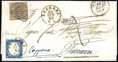 Francobollo, 3 baj bruno cuoio su lettera da Roma a Ferrara, riaffrancata con 15 cent. azzurro ti...