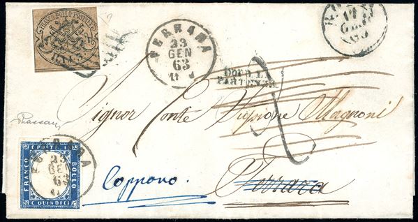 1863 - 3 baj bruno cuoio (4Ac), su lettera da Roma 17/1/1863 a Ferrara, tassata 20 cent. Giunta a destino, la lettera venne rispedita a Copparo previa riaffrancatura con 15 cent. azzurro tipo Sardegna (Regno 11). Rarissima affrancatura "mista" di rispedizione, di grande freschezza. E.Diena, Vaccari, ex coll. Imperato.