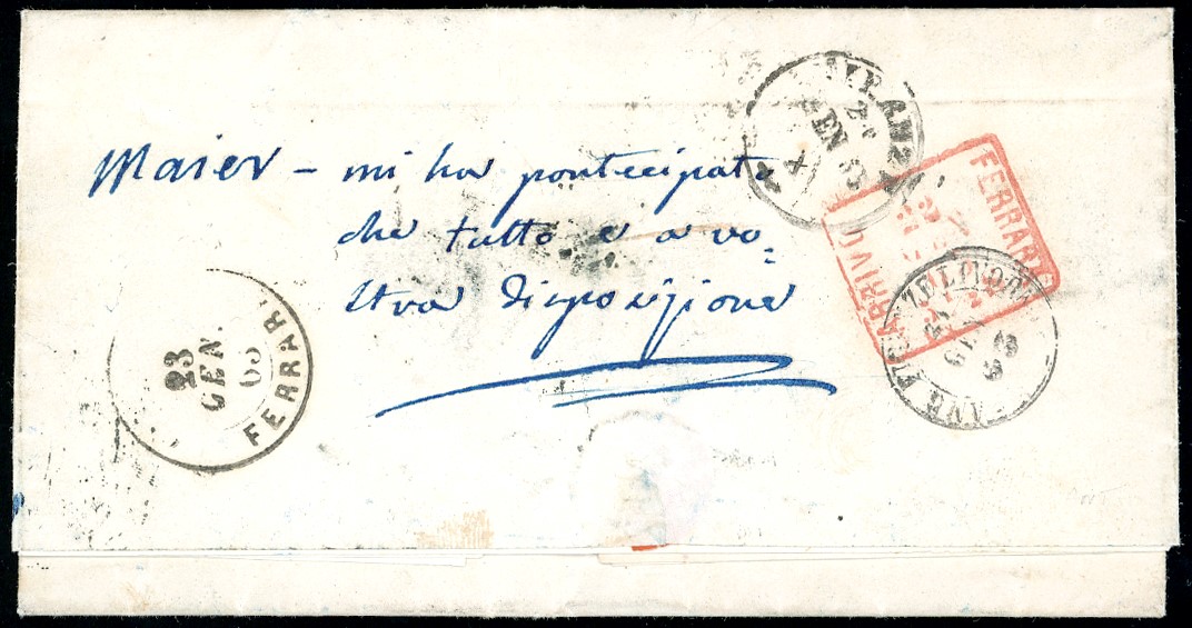 Francobollo, 3 baj bruno cuoio su lettera da Roma a Ferrara, riaffrancata con 15 cent. azzurro ti...