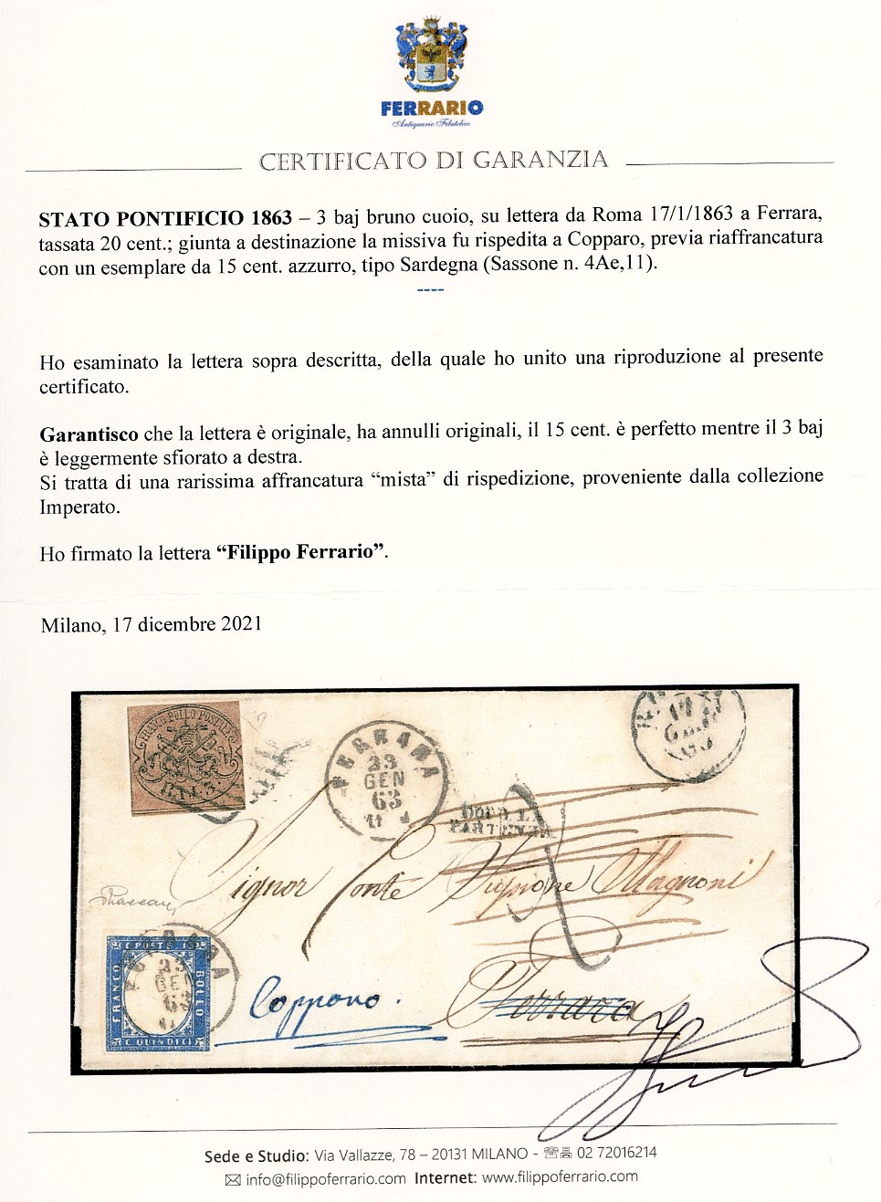 Francobollo, 3 baj bruno cuoio su lettera da Roma a Ferrara, riaffrancata con 15 cent. azzurro ti...
