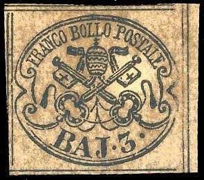 1862 - 3 baj bruno cuoio chiaro (4Aca), nuovo, gomma originale, leggerissima traccia di linguella, perfetto, con ampi margini su tutti i lati. Molto bello. A.Diena, cert. Ferrario. Ex coll. Imperato.