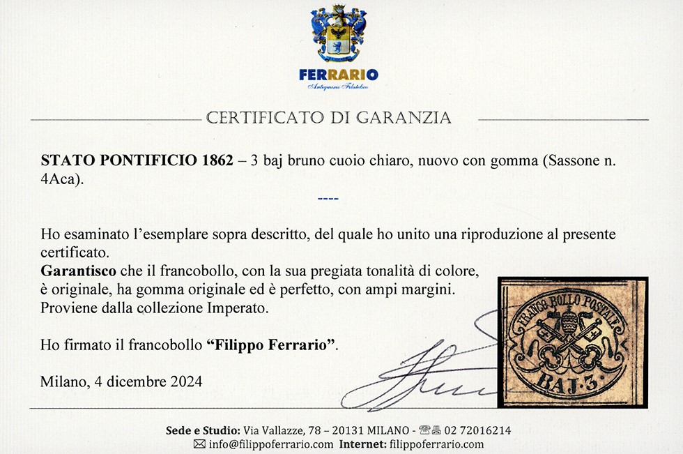A.Diena, 1862 - Francobollo da 3 baj bruno cuoio chiaro, gomma originale