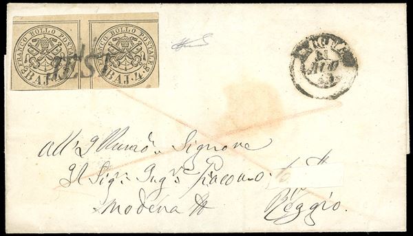 1853 - 4 baj bruno grigio chiaro (5), coppia orizzontale con interspazio di gruppo al centro, perfetta, su lettera da Ancona 11/8/1853 a Reggio, Ducato di Modena. Rara. Cert. Ferrario. Ex coll. Imperato.