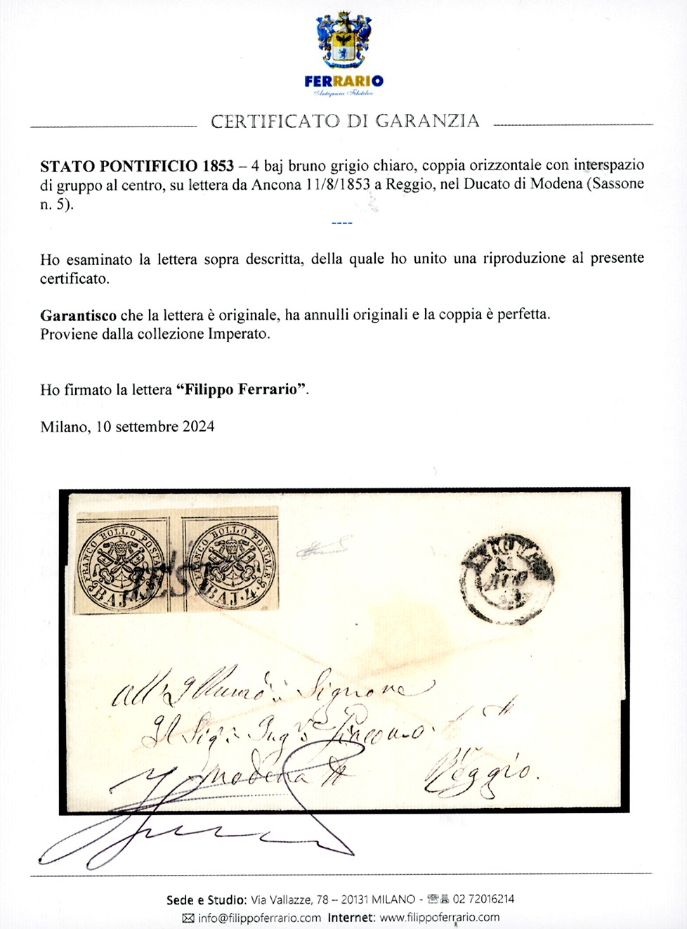 1853, 4 baj bruno grigio chiaro, coppia orizzontale su lettera da Ancona a Reggio di Modena