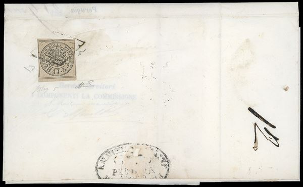 1856 - 4 baj bruno grigio chiaro (5), perfetto e ben marginato, bordo di foglio, al verso di lettera in porto assegnato di quattro porti da Perugia 5/2/1856 a Paciano, tassa 4 baj sul fronte. Non comune tariffa, splendida qualità. G.Oliva, E.Diena, Chiavarello, Ferrario. Ex coll. Imperato.