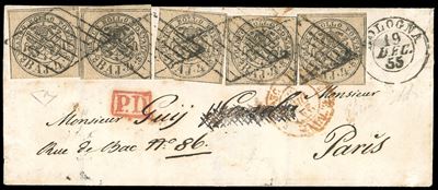 1855, Quattro baj bruno grigio chiaro, stampa con inchiostro grigio oleoso su lettera da Bologna ...