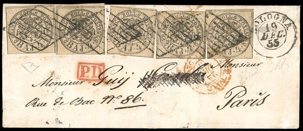 1855 - 4 baj bruno grigio chiaro, stampa con inchiostro grigio oleoso (5b), cinque esemplari, perfetti e ben marginati, uno con piccola grinza d'applicazione, su lettera da Bologna 19/12/1855 a Parigi. Rarissima affrancatura multipla monovalore, probabilmente la massima nota per questo francobollo con inchiostro grigio oleoso. A.Diena, cert. E.Diena (stima cat.Sassone € 80.000+).