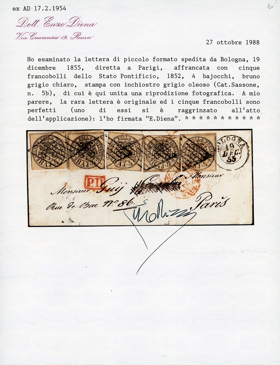 1855, Quattro baj bruno grigio chiaro, stampa con inchiostro grigio oleoso su lettera da Bologna ...
