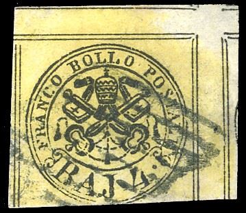 1864 - 4 baj giallo (5A), esemplare con interspazio verticale  ed orizzontale, "cuore" del foglio, usato, difettoso, buon aspetto. Molto raro. Cert. Ferrario.