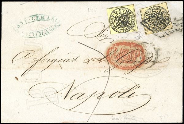 1859 - 4 baj giallo chiaro (5Ab), due esemplari di colore molto diverso, uno perfetto e ben marginato, l'altro sfiorato in alto, su lettera da Roma 5/2/1859 a Napoli, tassata. Bella e rara combinazione di valori gemelli. Sorani.