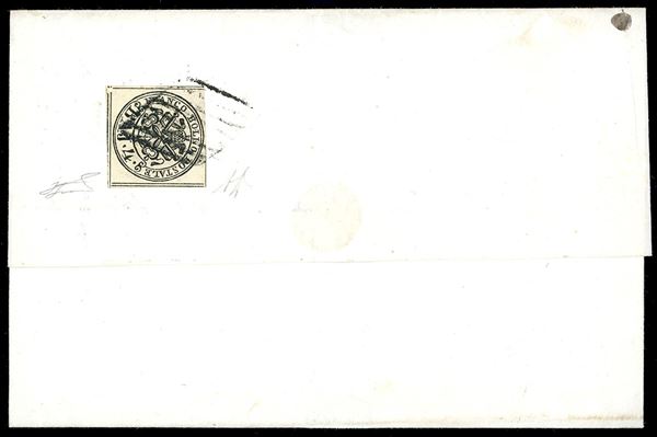 1859 - 4 baj giallo chiaro (5Ab), perfetto, al verso di fresca lettera in porto assegnato da Ferrara 26/2/1859 a Comacchio, tassa 4 sul fronte. Pregevole porto multiplo, di ottima qualità. Francobollo di questa tinta non catalogato utilizzato al verso come segnatasse. A.Diena, Ferrario.