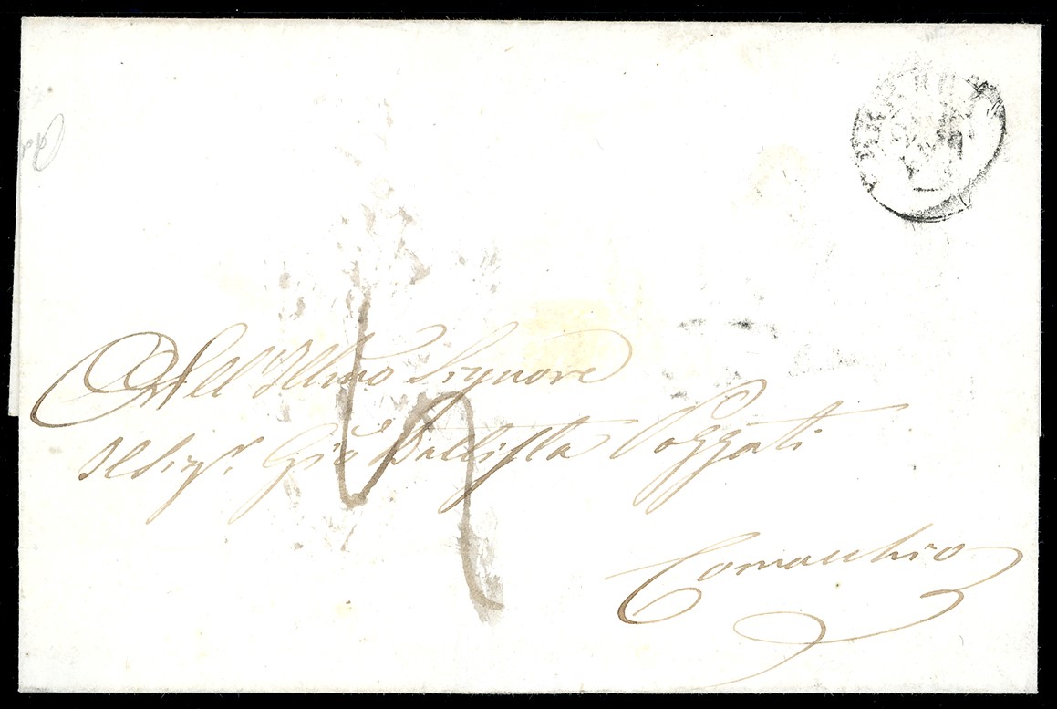 1859, Francobollo 4 baj giallo chiaro (5Ab) con lettera in porto da Ferrara a Comacchio