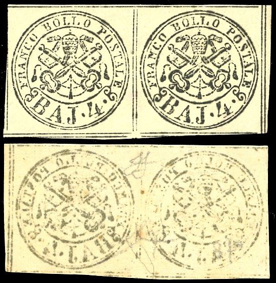 1858 - 4 baj giallo chiaro, decalco al verso (5Ab,ca), coppia orizzontale, gomma originale integra, perfetta. Ferrario.  - Auction Philately - Cambi Casa d'Aste
