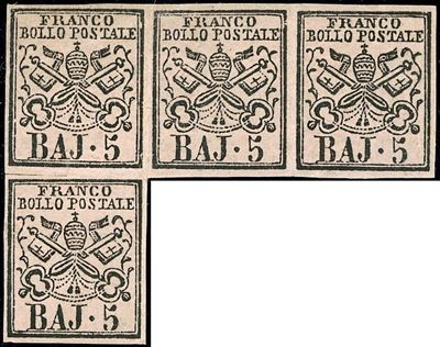 Diena, 5 baj rosa chiaro (1852), gomma originale, striscia di quattro