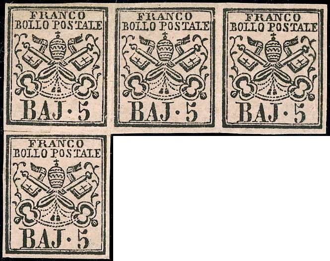 1852 - 5 baj rosa chiaro (6), striscia di quattro "a seggiola", gomma originale, perfetta. Bella! A.Diena. Ex coll. Andreotti.  - Asta Filatelia - Cambi Casa d'Aste