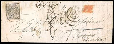 Francobollo, 5 baj rosa chiaro, lettera da Roma a Torino del 13 settembre 1852