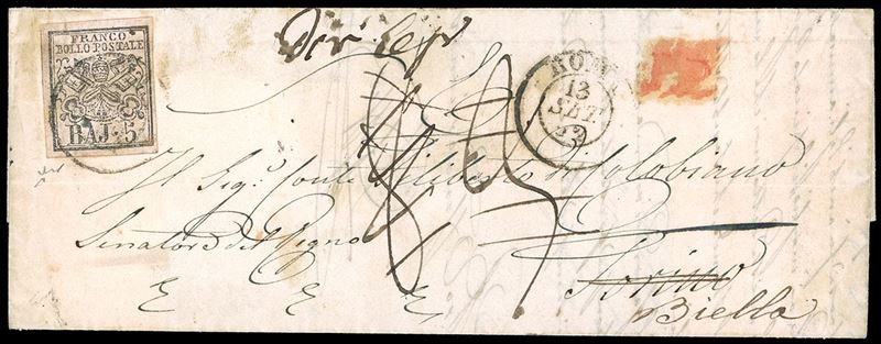 1852 - 5 baj rosa chiaro (6), perfetto, isolato su fresca lettera da Roma 13/9/1852 a Torino, rispedita a Bella, bollo RETRODATO al verso, P.P. in rosso al recto, tassata e detassata due volte, in quanto diretta ad un Senatore del Regno di Sardegna. Molto interessante. Chiavarello.  - Asta Filatelia - Cambi Casa d'Aste