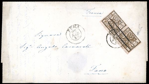 1853 - 5 baj rosa chiaro, coppia verticale con interspazio di gruppo, interessante trasudo di gomma, pseudo oleoso (6), a filo a destra, su fresca lettera da Roma 22/2/1853 a Fano. Ferrario. Ex coll. Imperato.