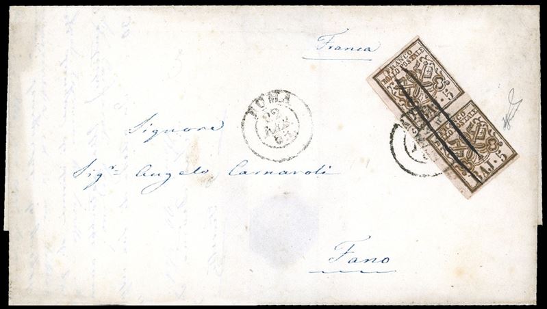 1853 - 5 baj rosa chiaro, coppia verticale con interspazio di gruppo, interessante trasudo di gomma, pseudo oleoso (6), a filo a destra, su fresca lettera da Roma 22/2/1853 a Fano. Ferrario. Ex coll. Imperato.  - Asta Filatelia - Cambi Casa d'Aste
