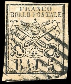 1852 - 5 baj rosa chiaro, stampa recto verso (6d), minimo punto di assottigliamento, usato. Molto raro, pochi esemplari noti. Cert. storico Emilio Diena (1941) e due cert. Alberto Diena che segnala sei esemplari a lui noti.