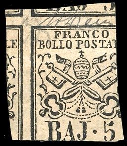 5 Baj rosa chiaro, stampa recto verso 1852, certificato storico di Emilio Diena (1941)