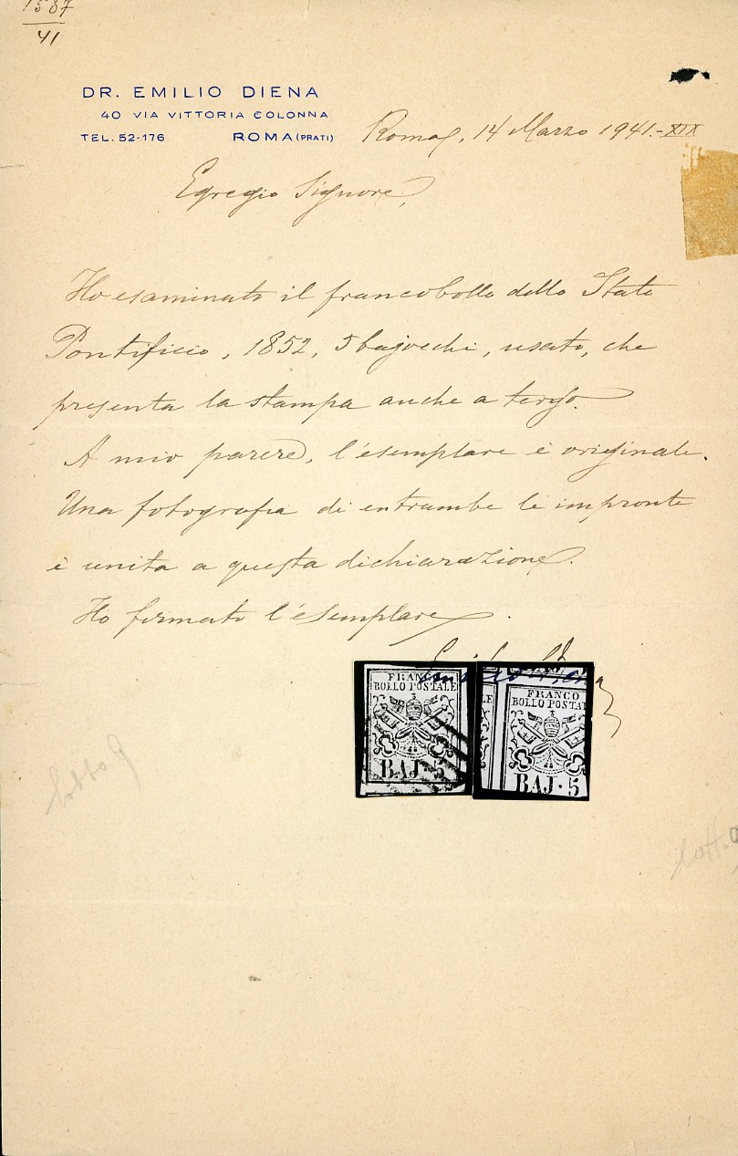 5 Baj rosa chiaro, stampa recto verso 1852, certificato storico di Emilio Diena (1941)