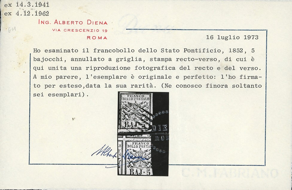 5 Baj rosa chiaro, stampa recto verso 1852, certificato storico di Emilio Diena (1941)
