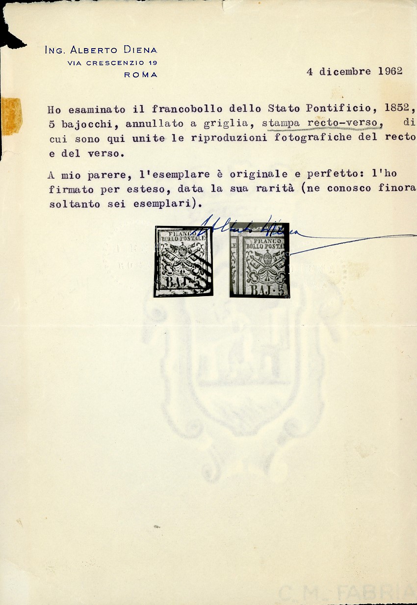 5 Baj rosa chiaro, stampa recto verso 1852, certificato storico di Emilio Diena (1941)