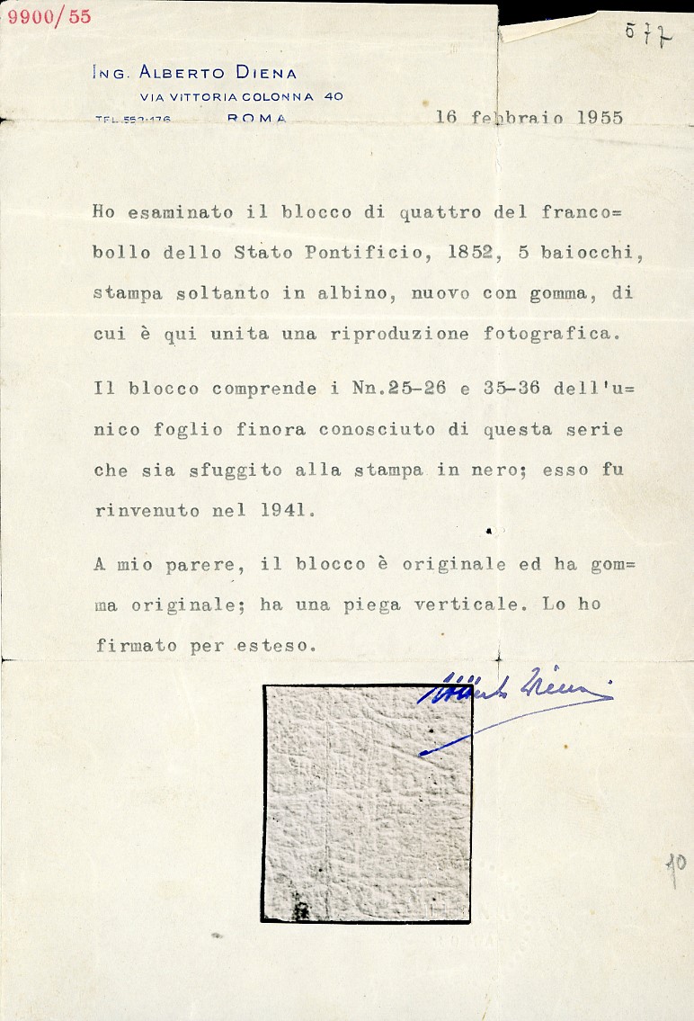 1859, 5 baj rosa chiaro, stampa in albino, blocco di quattro