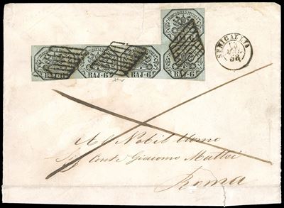 1858, 6 baj grigio verdastro su lettera con sei porti da Senigallia a Roma
