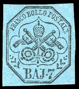 1852 - 7 baj azzurro (8), nuovo, gomma originale, perfetto. Molto fresco. Cert. Ferrario.  - Asta Filatelia - Cambi Casa d'Aste