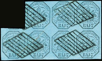 1852 - 7 baj azzurro, blocco di sette esemplari con bollo a griglia
