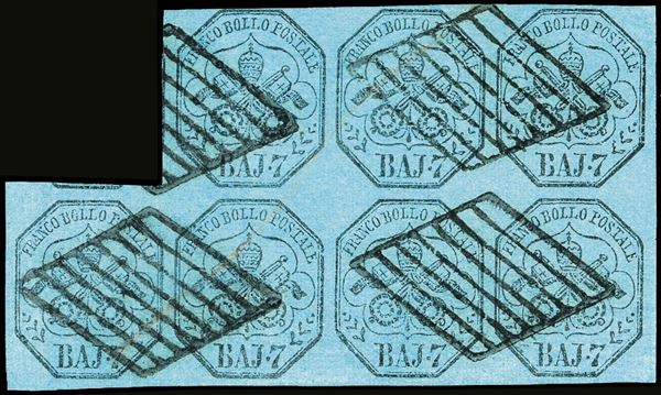 1852 - 7 baj azzurro (8), blocco di sette esemplari, perfetto, usato con bollo a griglia e tratto di penna. Splendido e molto fresco. G.Oliva, Fiecchi, L.Raybaudi, Ferrario, cert. A.Diena. Ex coll. Imperato.